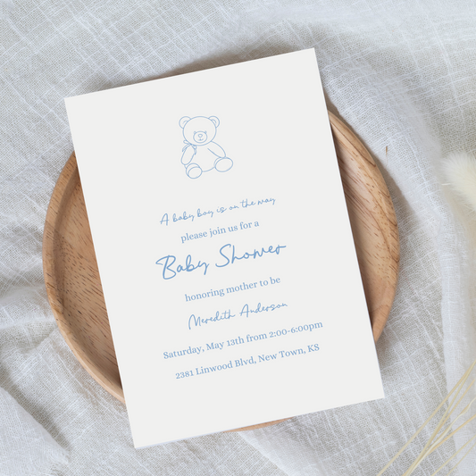 Blue Teddy Bear Baby Shower Invitation Template