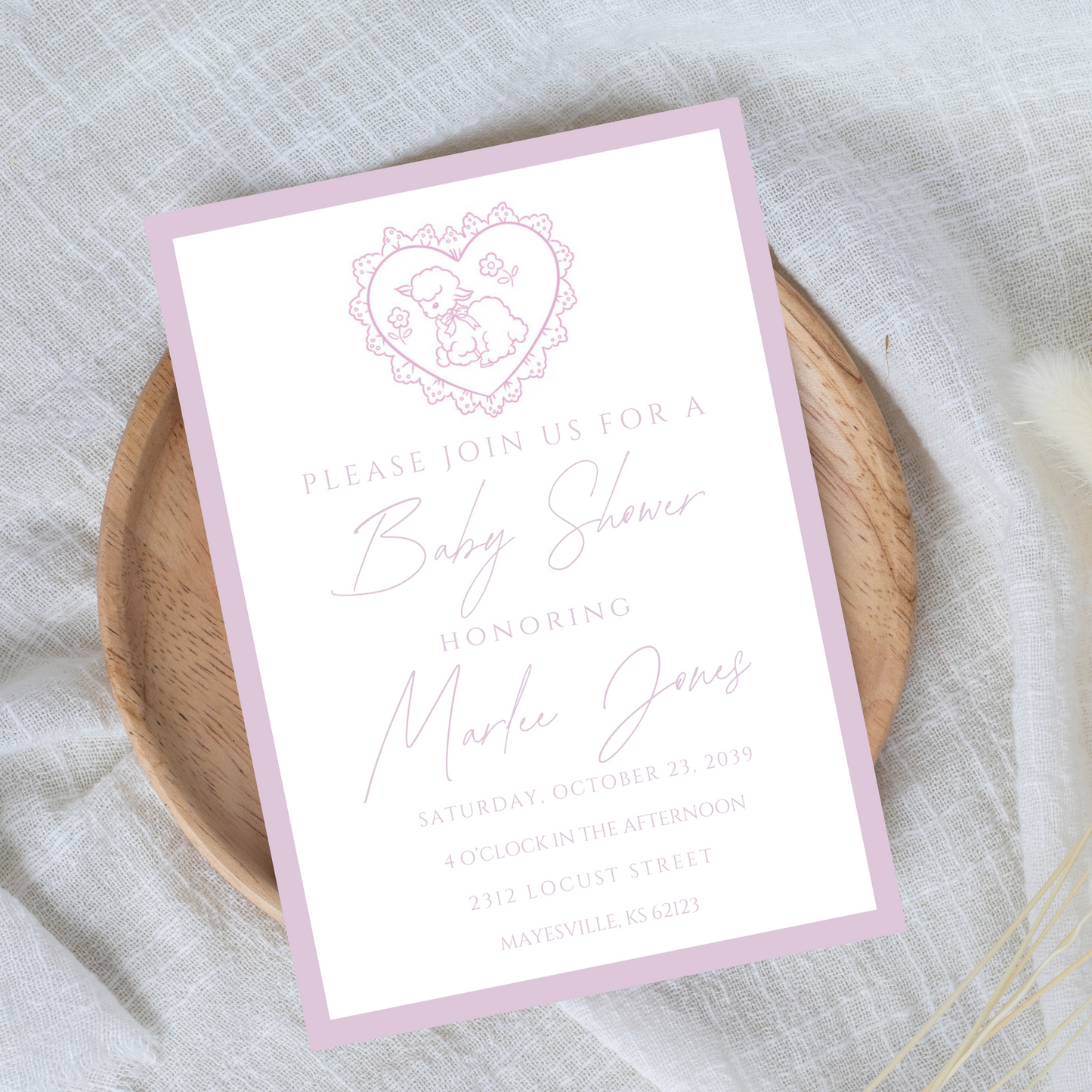 Little Lamb Pink Baby Shower Invitation Template