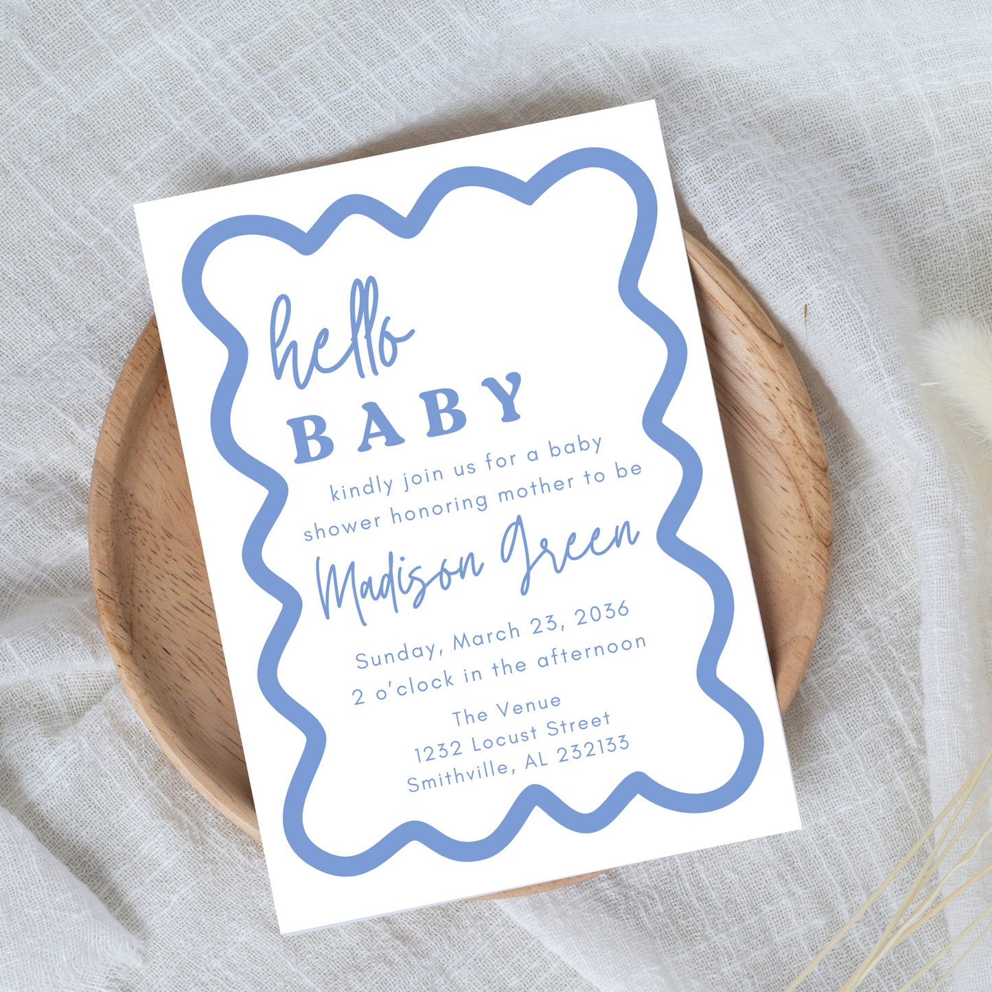 Blue Wavy Border Baby Shower Invitation Template