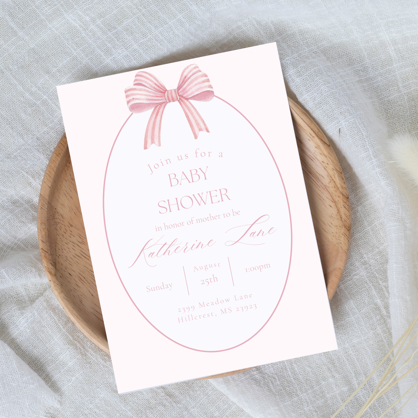 Stripped Pink Bow Baby Shower Invitation Template