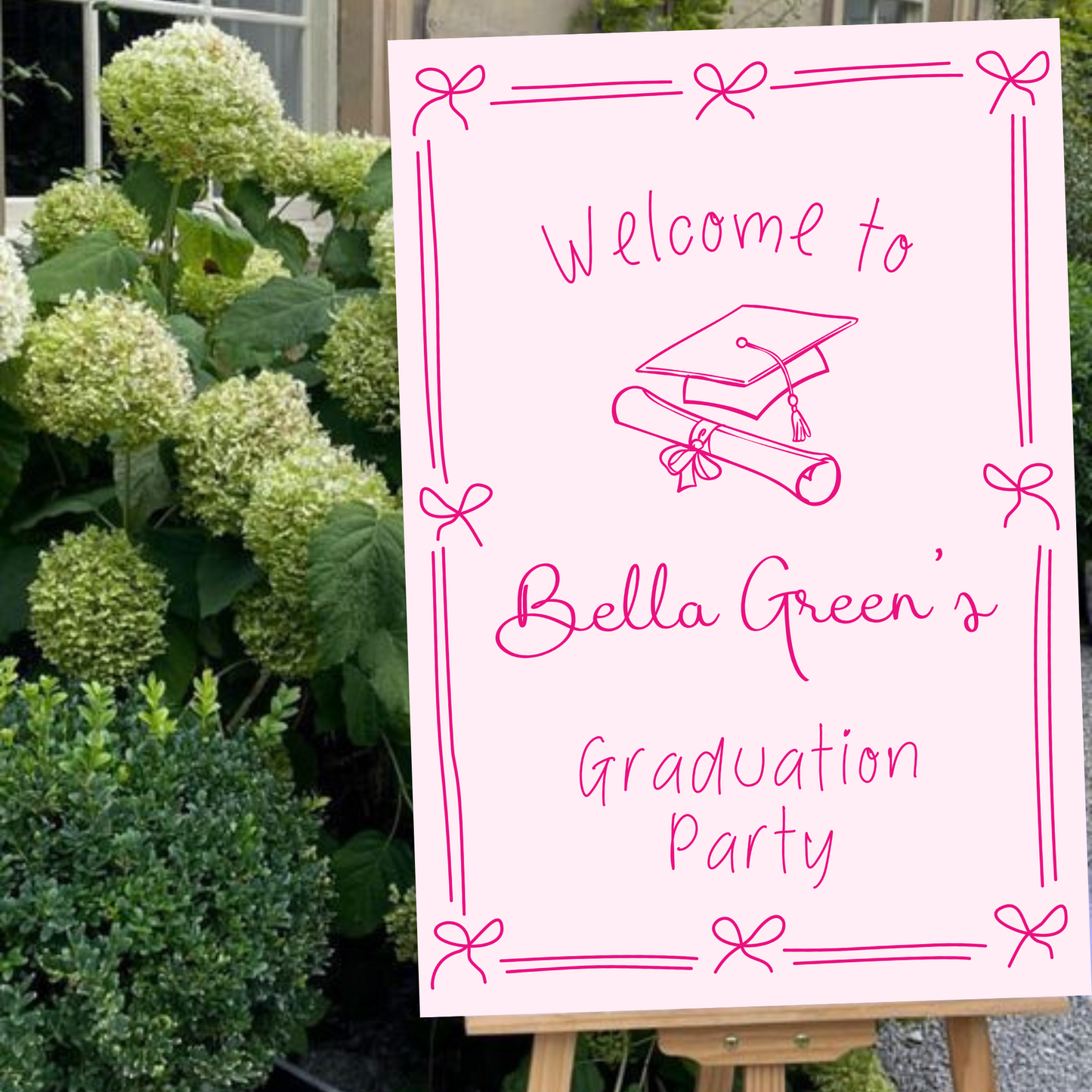 Pink Hand Drawn Customizable Graduation Bow Party Welcome Sign Template