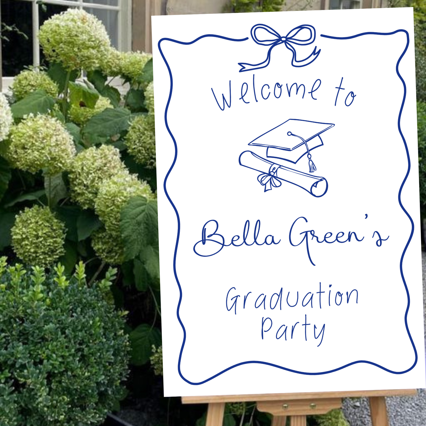 Navy Blue and White Hand Drawn Customizable Graduation Bow Party Welcome Sign Template