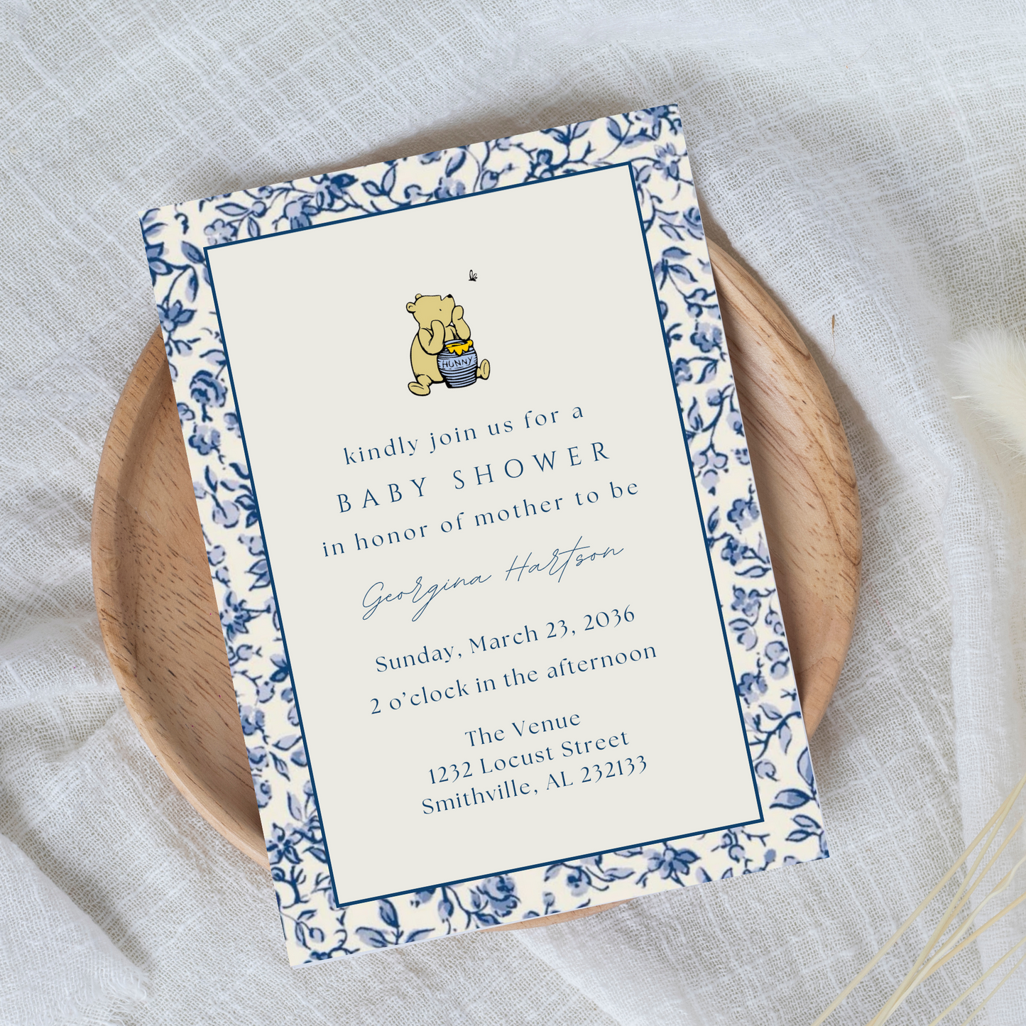 Blue Flower Winnie the Pooh Boy Baby Shower Invitation Template