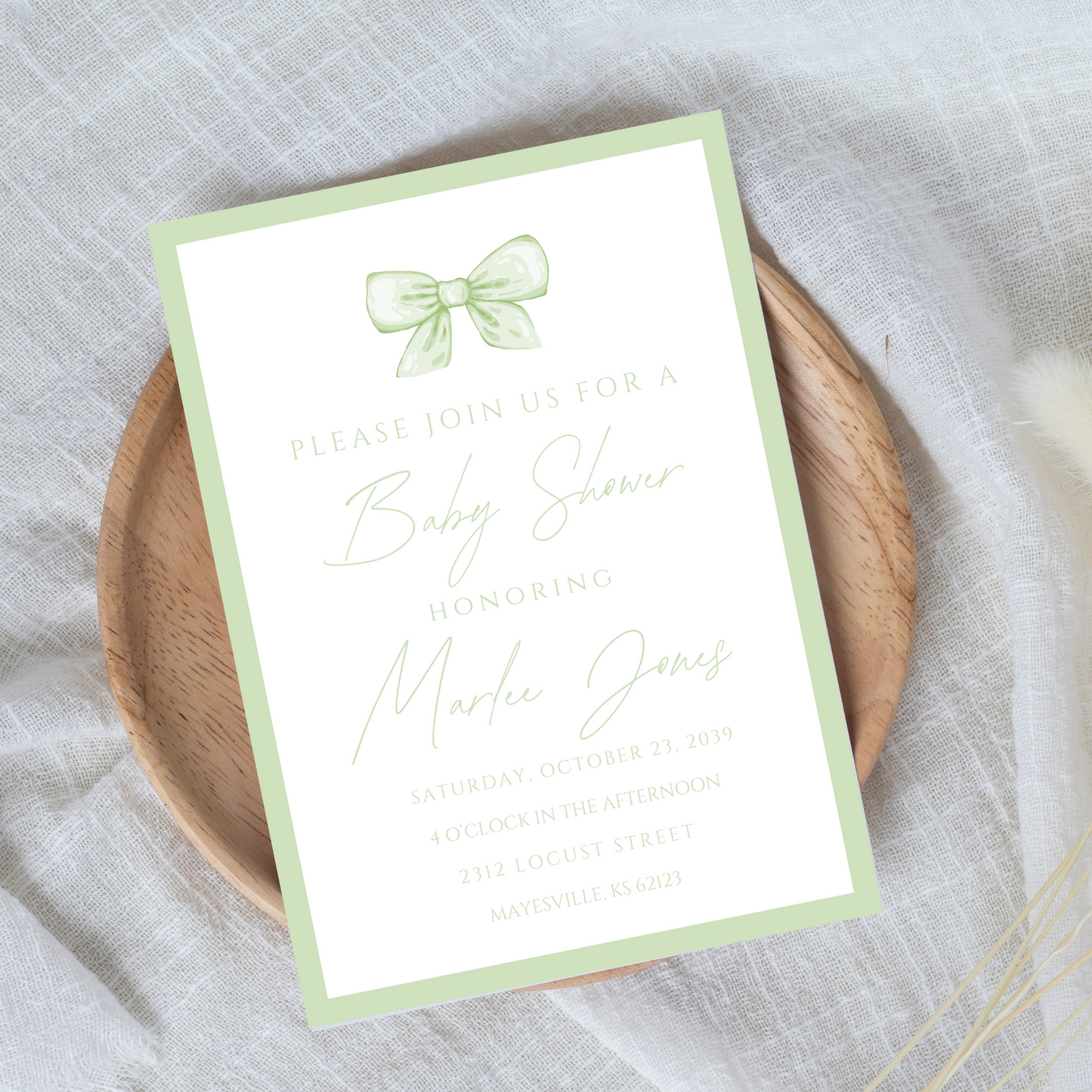 Vintage Green Bow Baby Shower Invitation Template