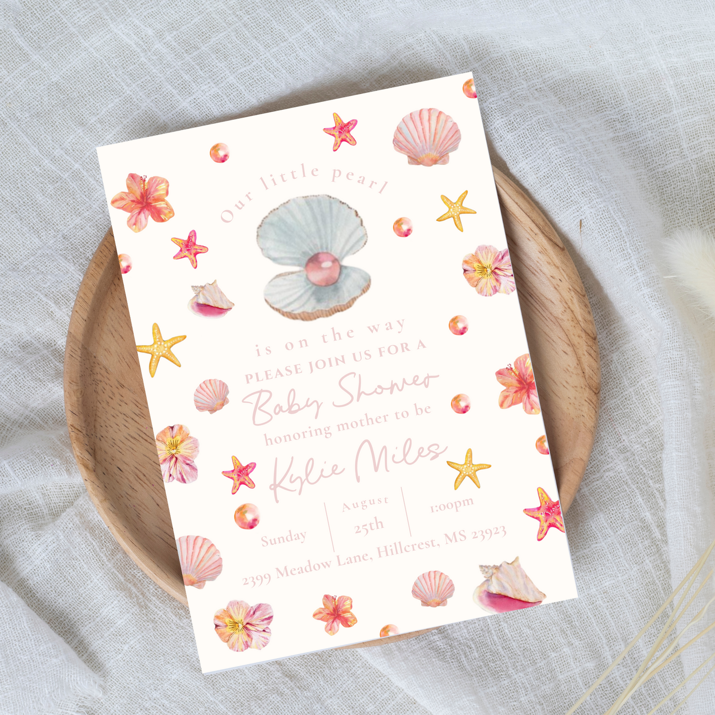 Our Little Pearl Seashell Pink Baby Shower Invitation Template