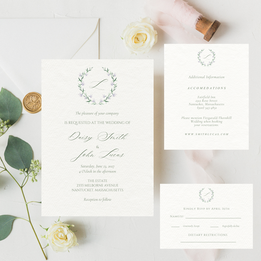 Soft Purple and Green Vine and Floral Minimal Elegant Wedding Invitation Template