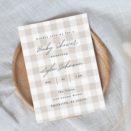 Beige Gingham Baby Shower Invitation Template