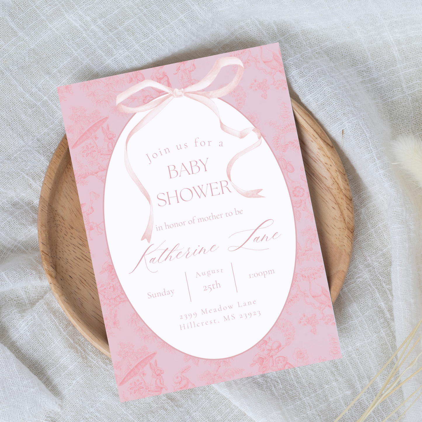 Pink Toile Bow Baby Shower Invitation Template