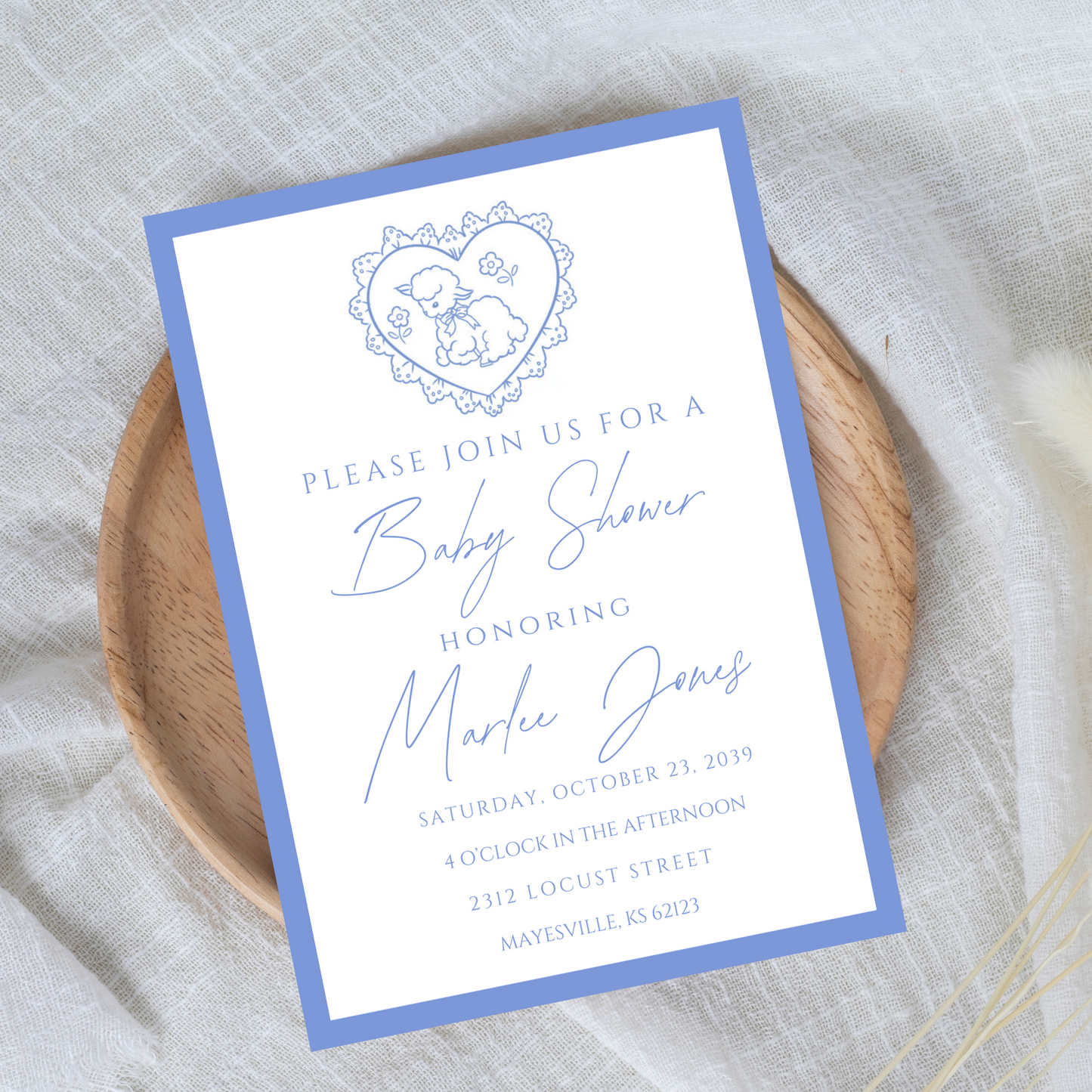 Little Lamb Blue Baby Shower Invitation Template