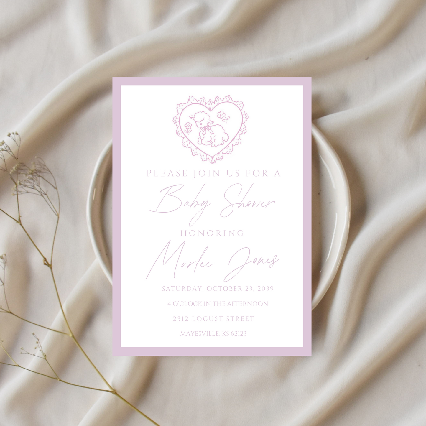 Little Lamb Pink Baby Shower Invitation Template