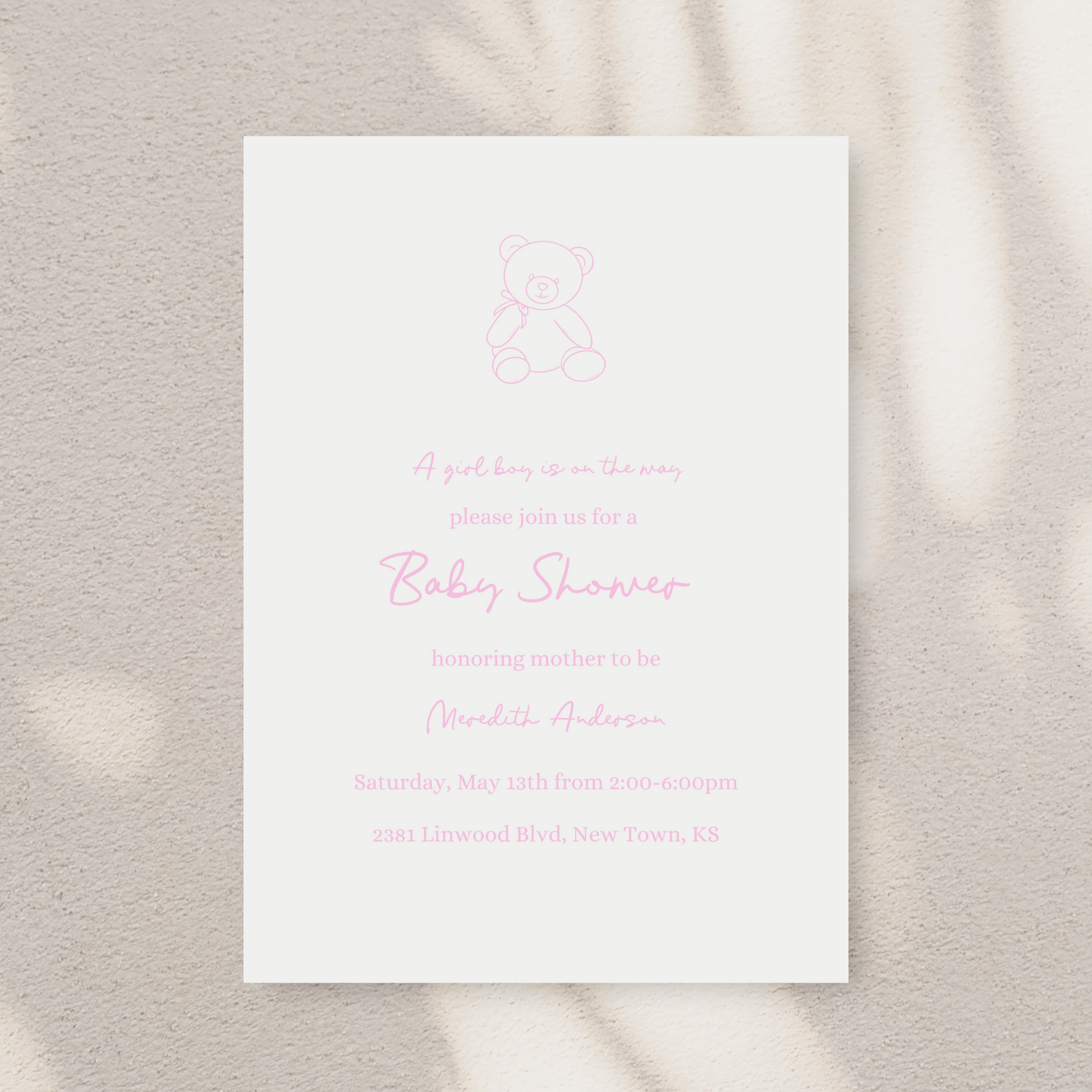 Pink Teddy Bear Baby Shower Invitation Template