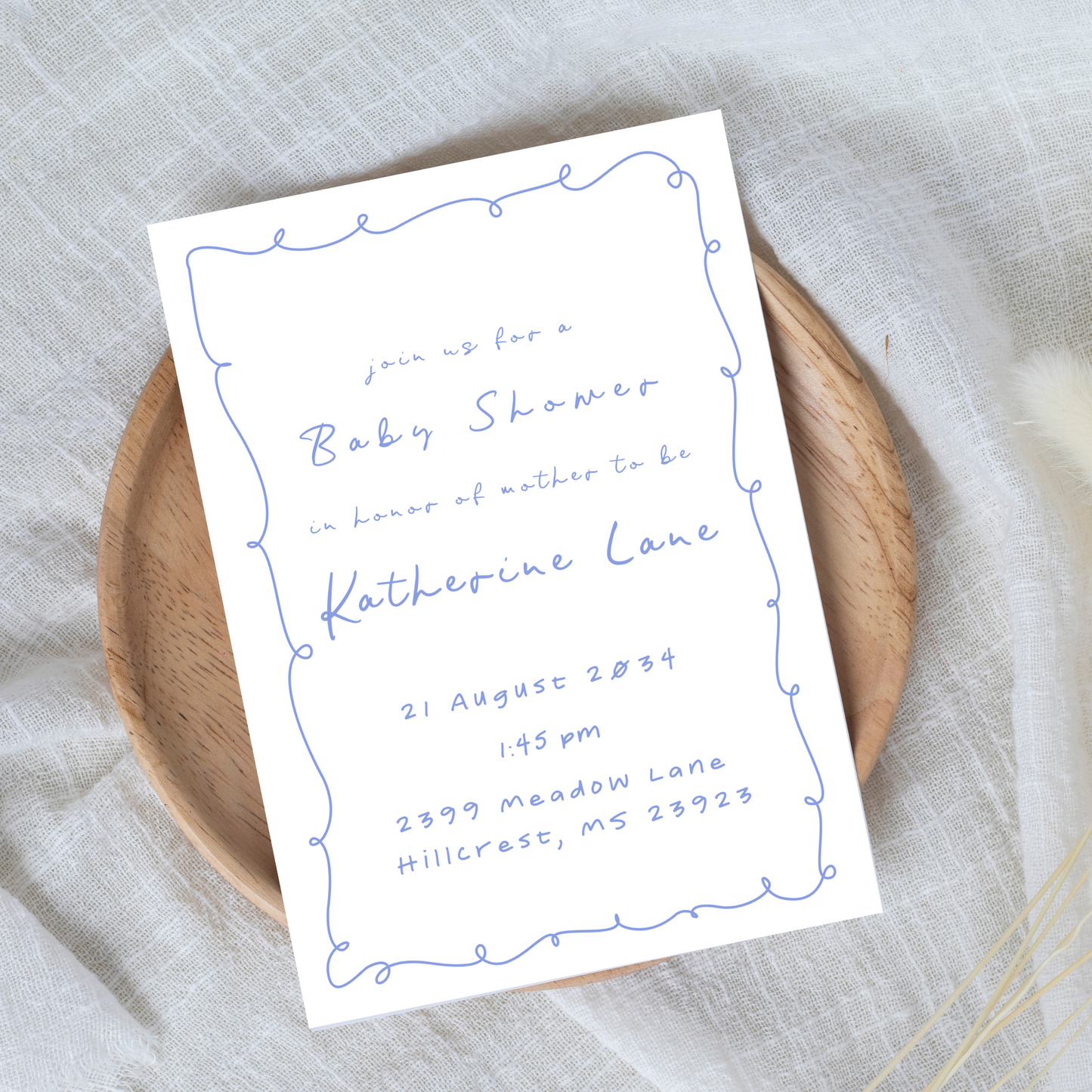 Hand Drawn Squiggle Boarder Blue and White Baby Shower Invitation Template