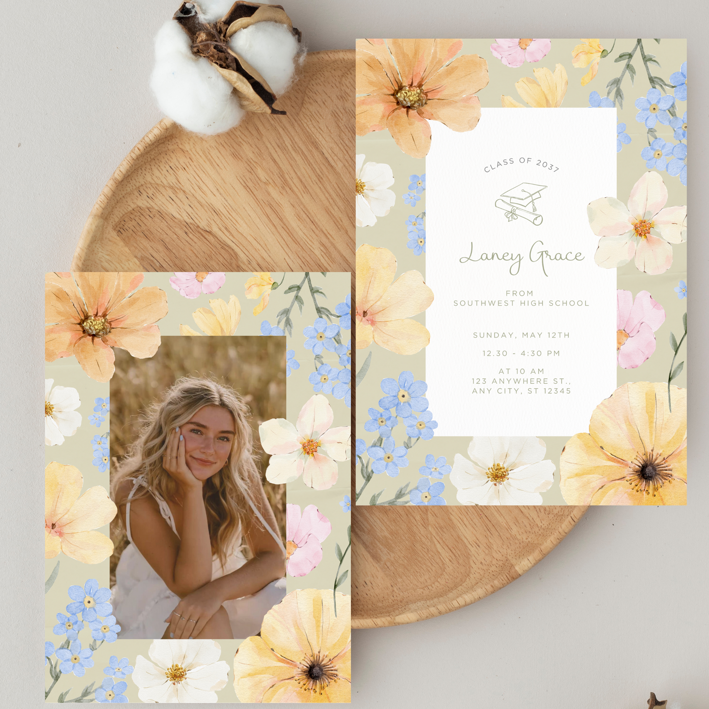 Floral Watercolor Illustration Graduation Invitation Template