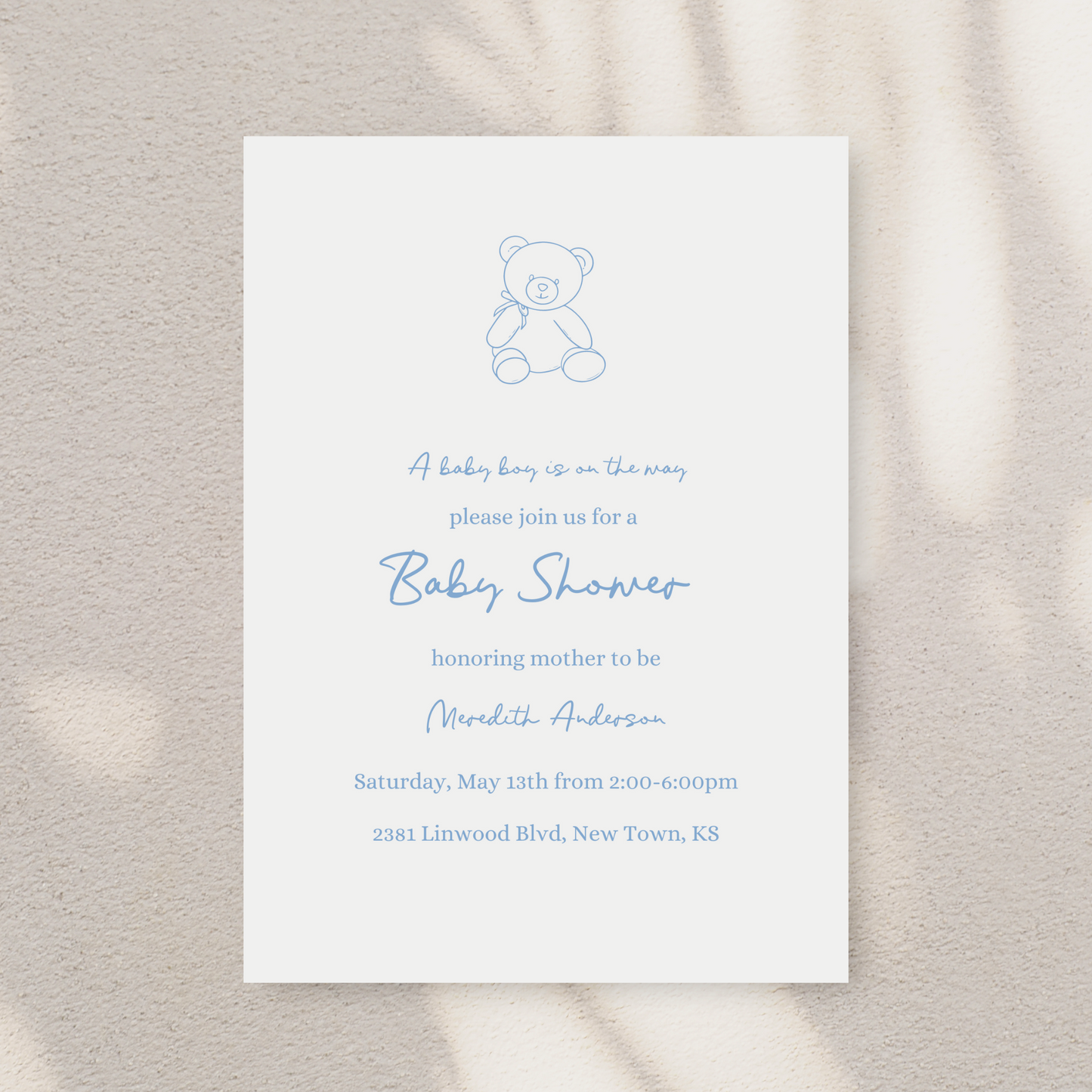 Blue Teddy Bear Baby Shower Invitation Template