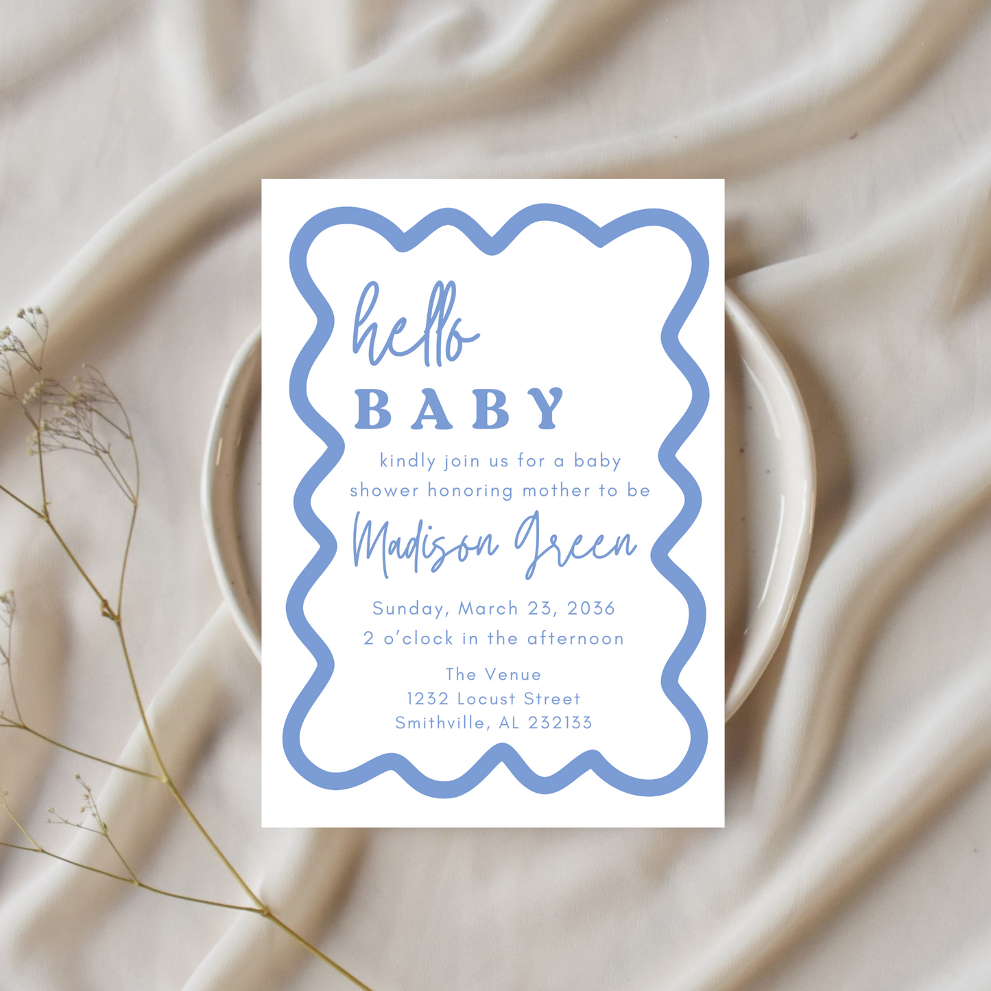 Blue Wavy Border Baby Shower Invitation Template