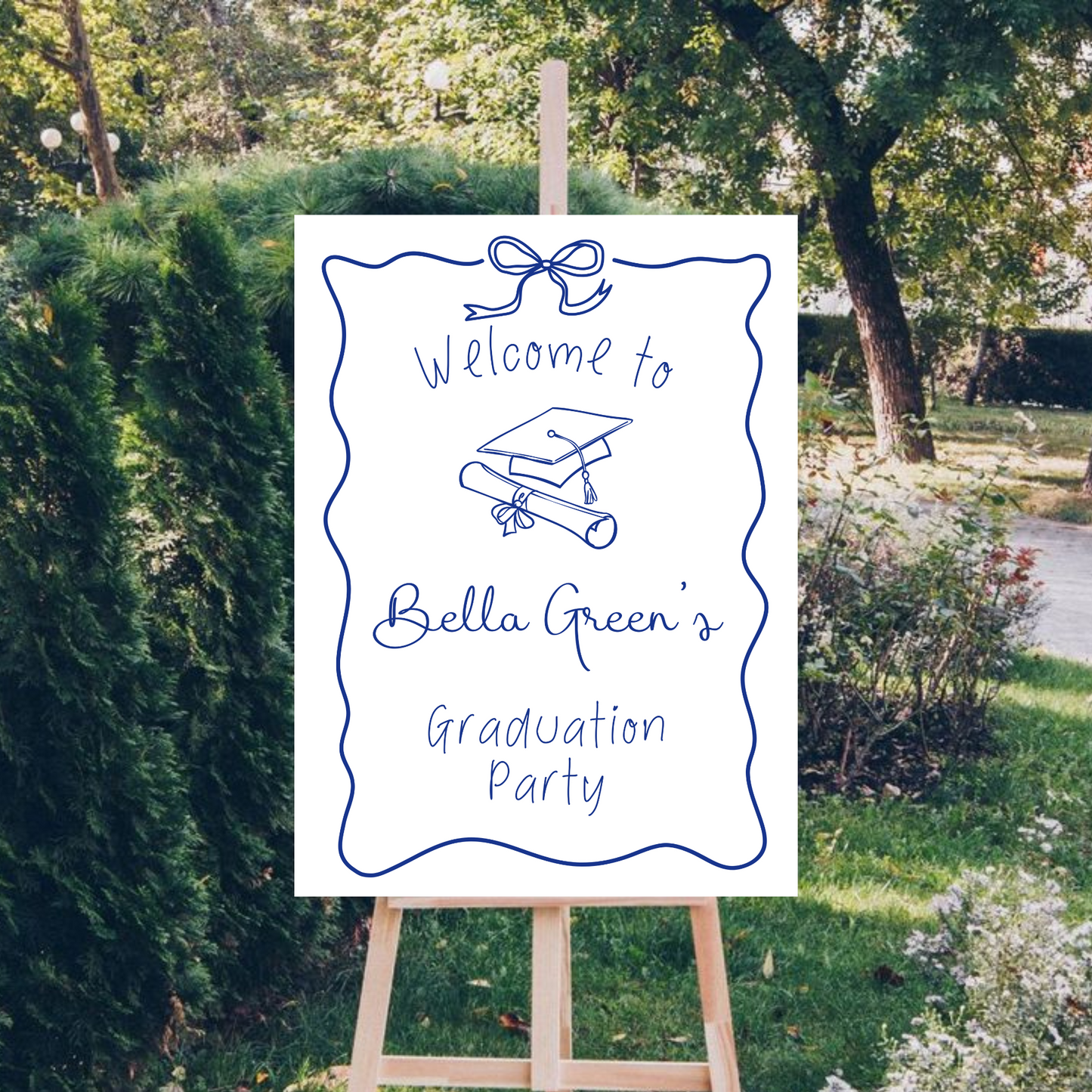 Navy Blue and White Hand Drawn Customizable Graduation Bow Party Welcome Sign Template