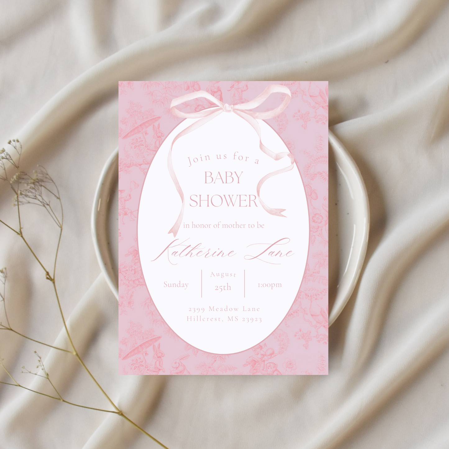 Pink Toile Bow Baby Shower Invitation Template