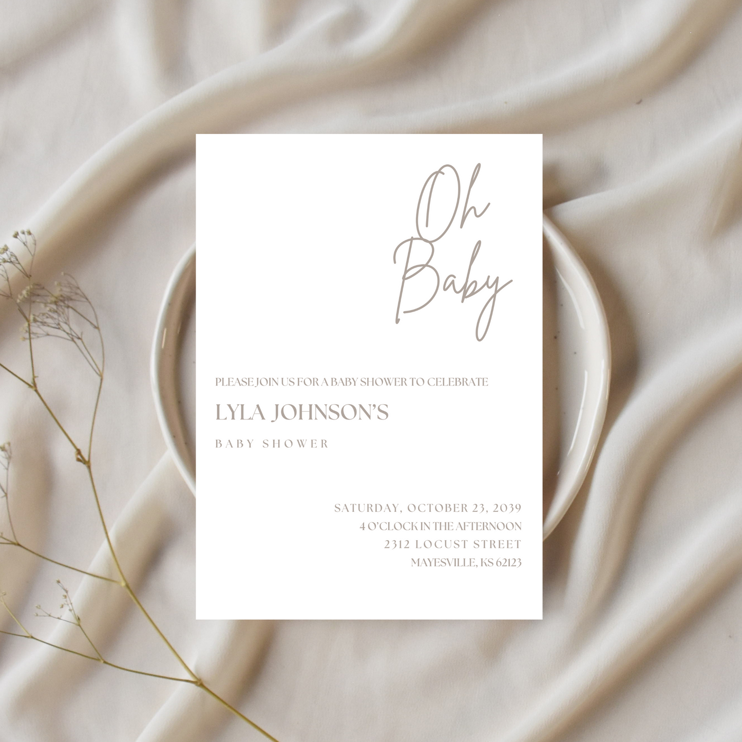 Oh Baby Beige Baby Shower Invitation Template