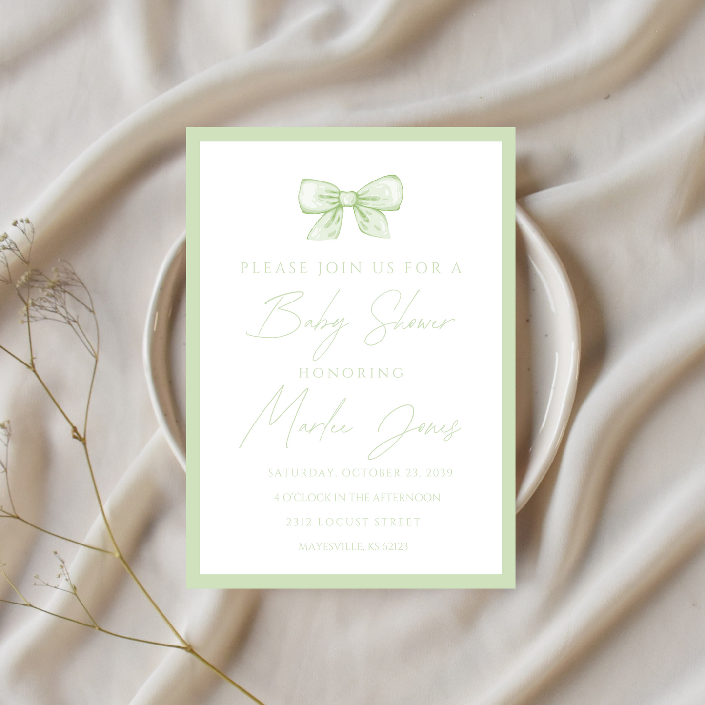 Vintage Green Bow Baby Shower Invitation Template