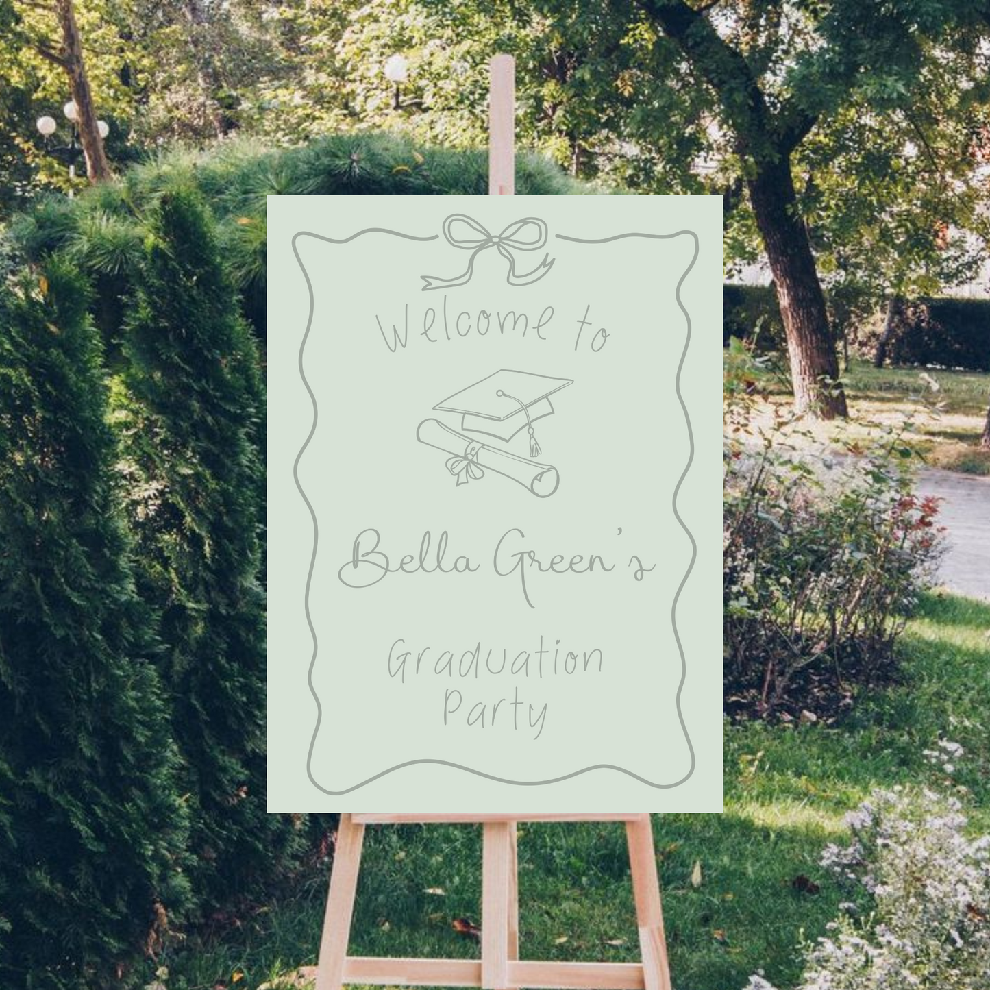 Sage Green Hand Drawn Customizable Graduation Bow Party Welcome Sign