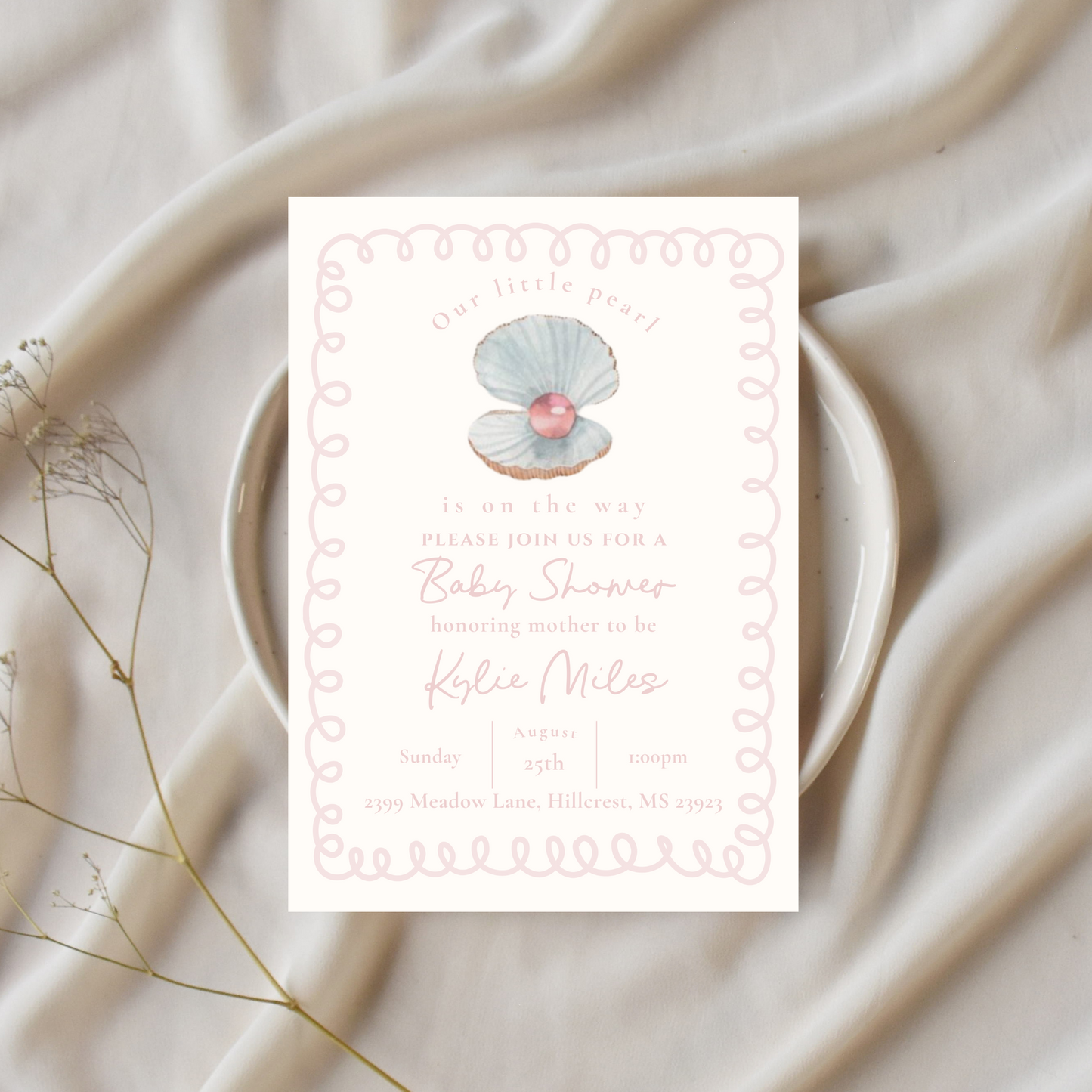 Our Little Pearl Pink Baby Shower Invitation Template