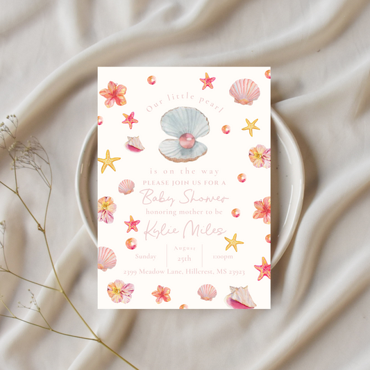 Our Little Pearl Seashell Pink Baby Shower Invitation Template