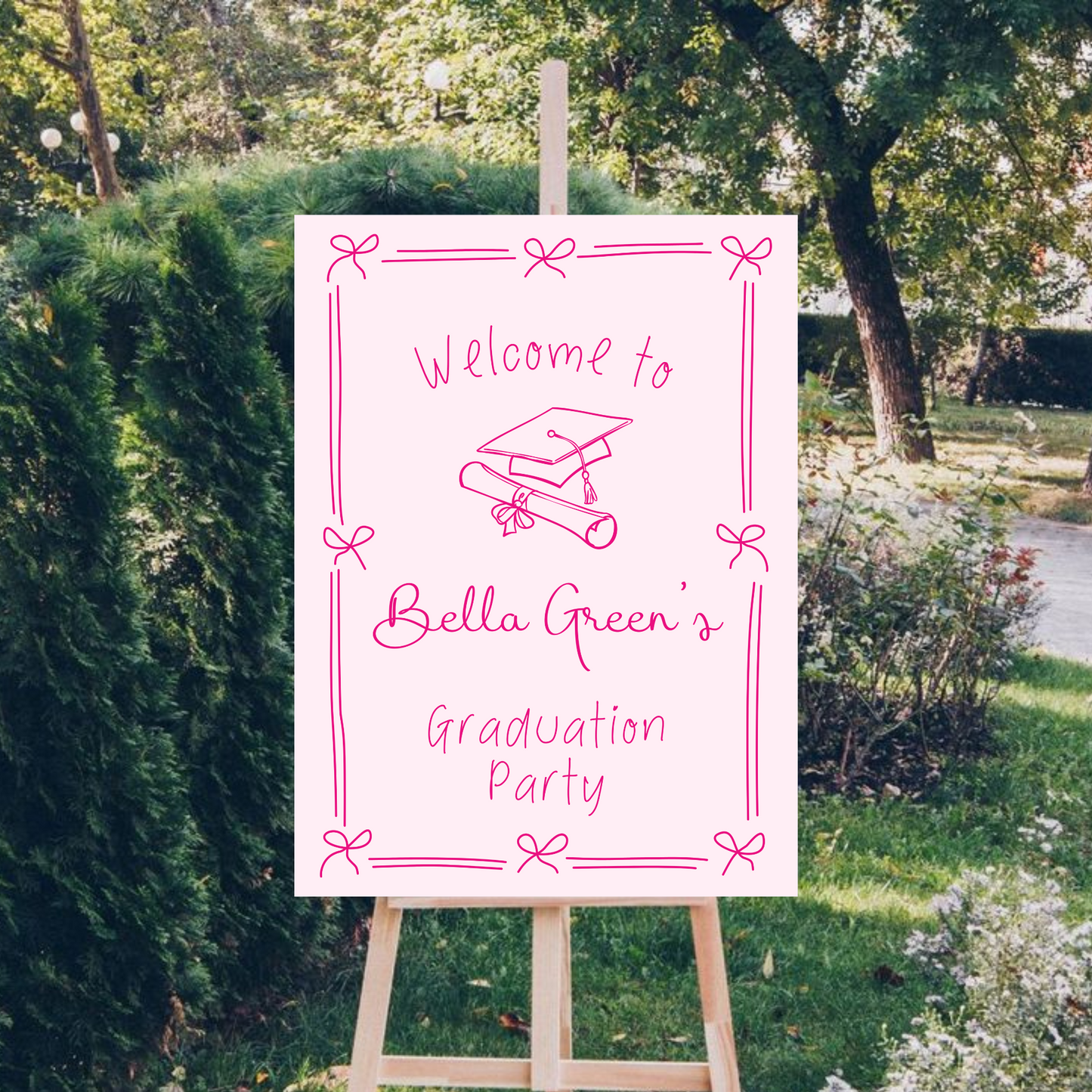 Pink Hand Drawn Customizable Graduation Bow Party Welcome Sign Template