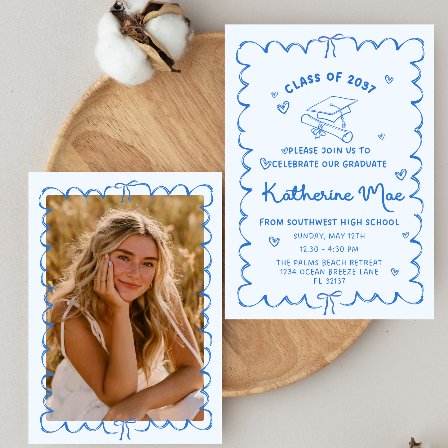 Blue Bow Modern Doodle Graduation Invitation Template