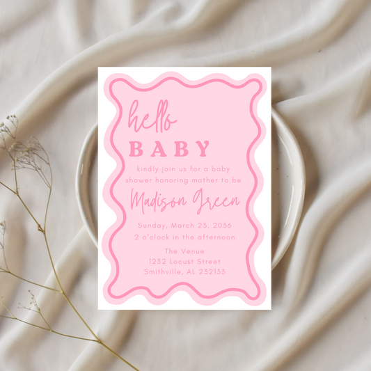 Pink Wavy Border Baby Shower Invitation Template