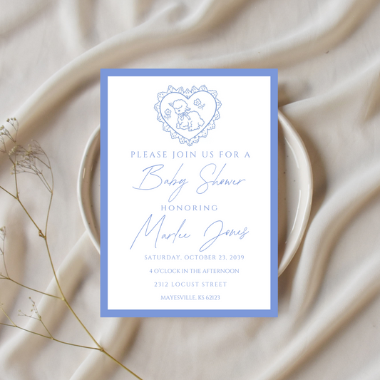 Little Lamb Blue Baby Shower Invitation Template