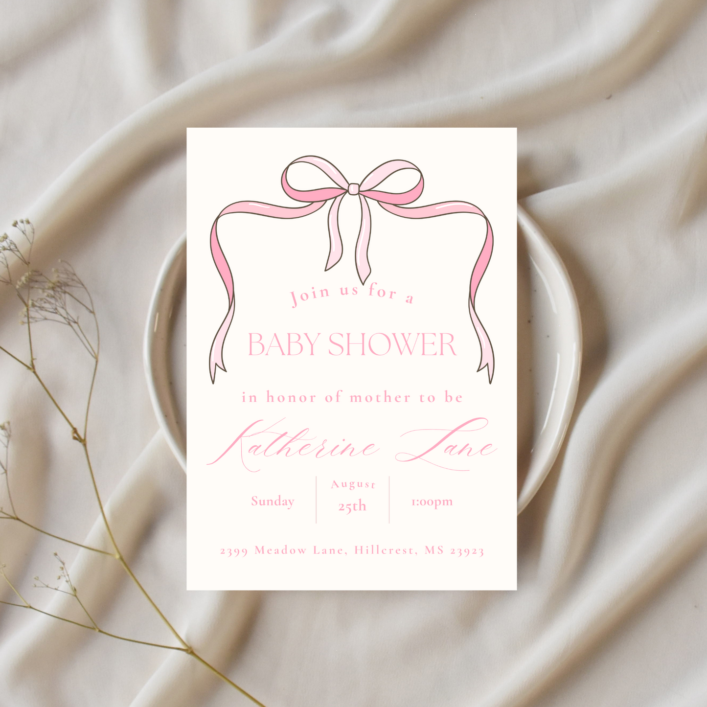 Pink Bow Baby Shower Invitation Template