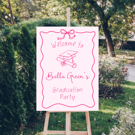 Pink Hand Drawn Customizable Graduation Bow Party Welcome Sign