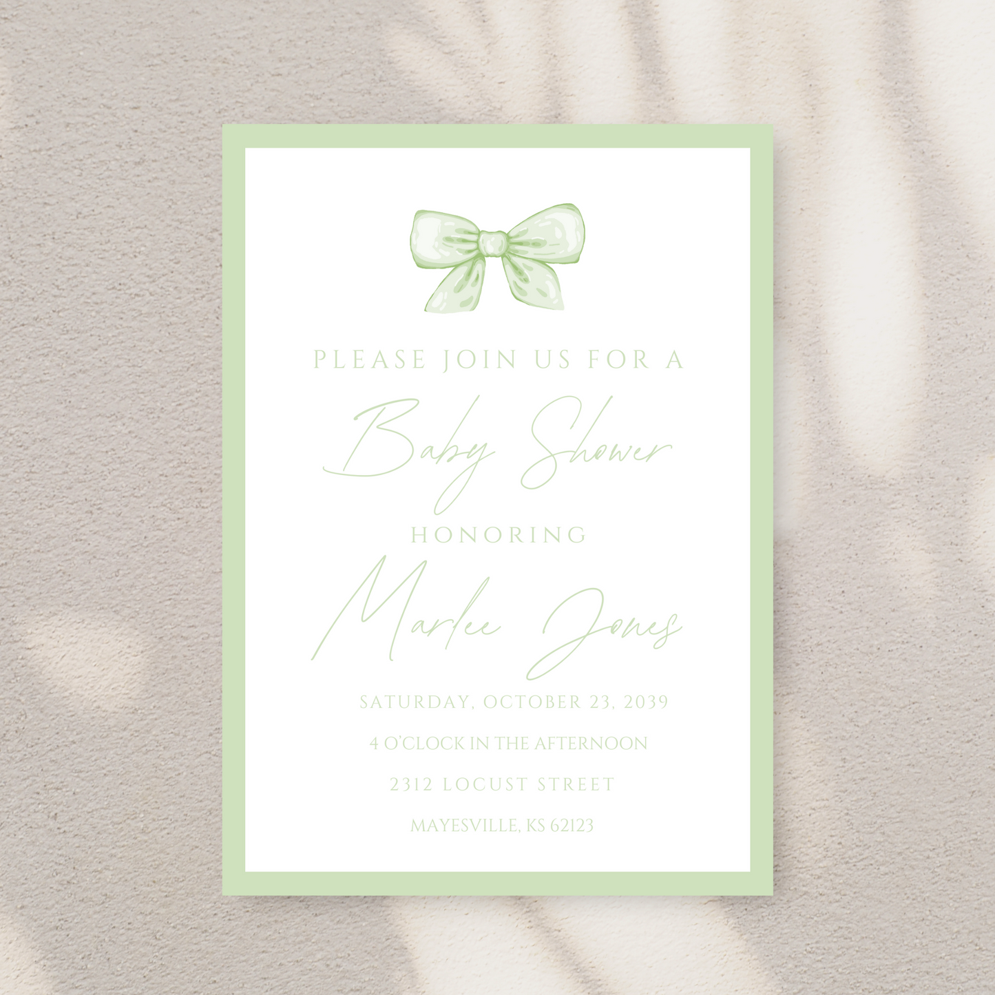 Vintage Green Bow Baby Shower Invitation Template