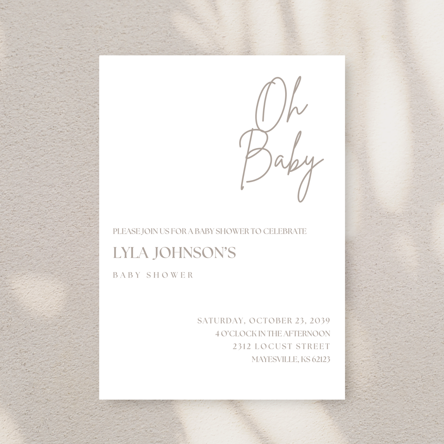 Oh Baby Beige Baby Shower Invitation Template