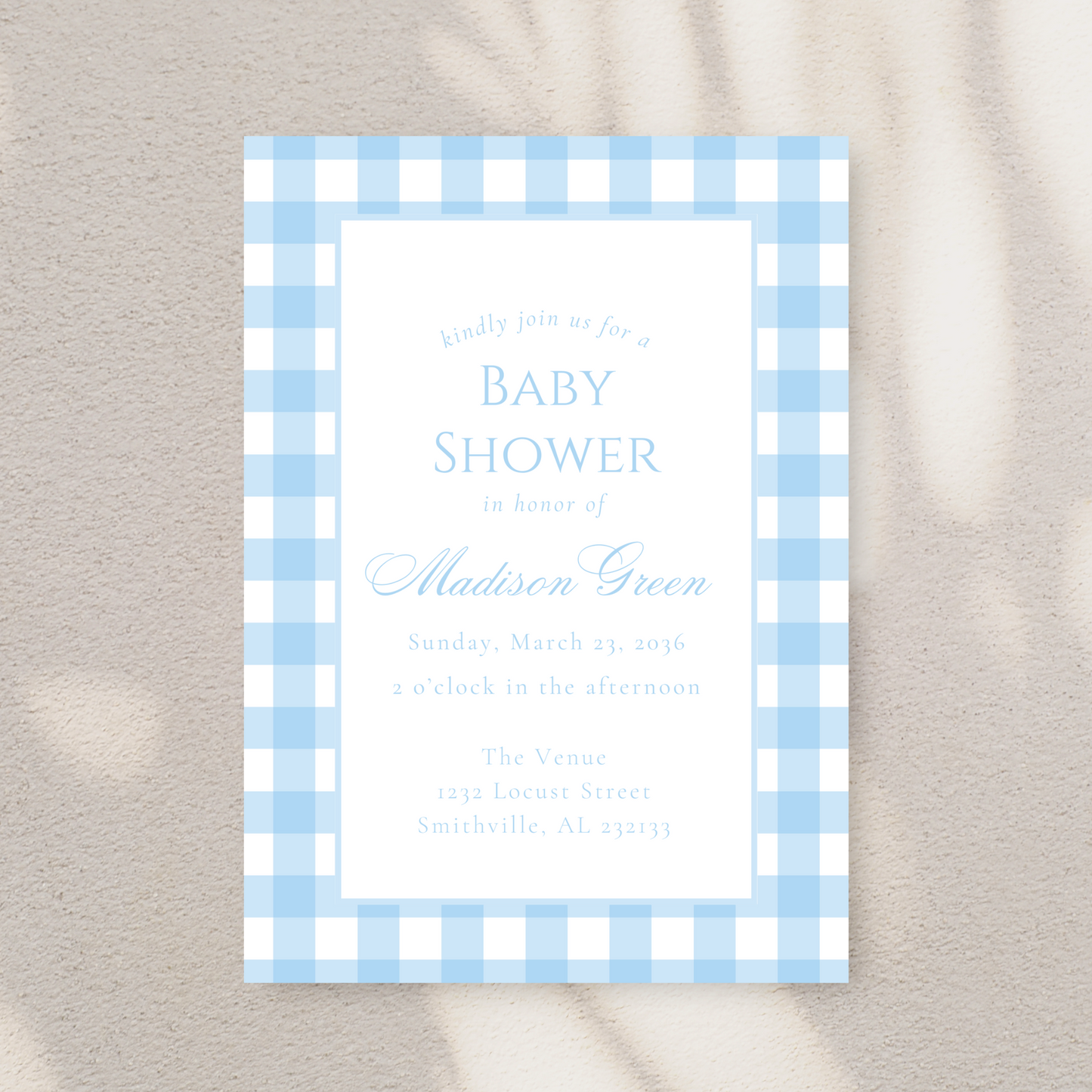 Blue Gingham Baby Shower Invitation Template