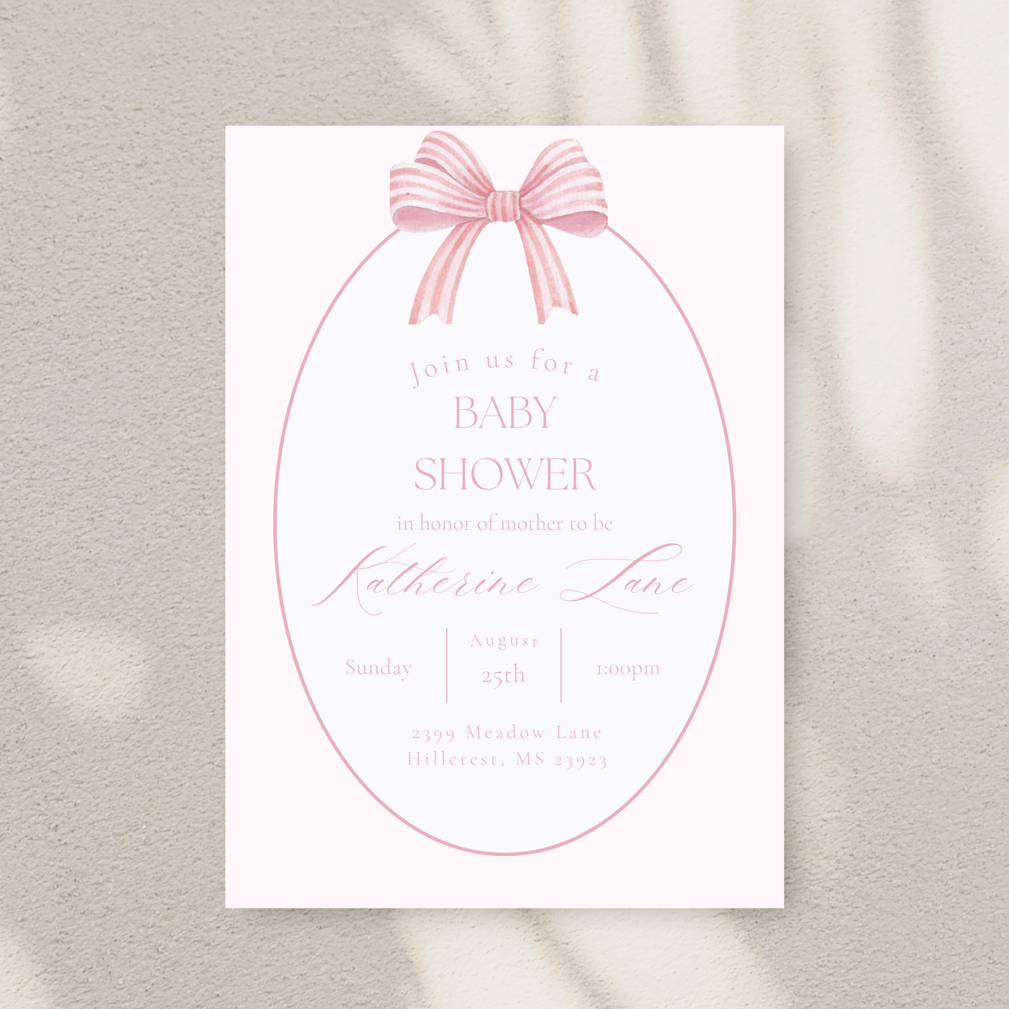 Stripped Pink Bow Baby Shower Invitation Template