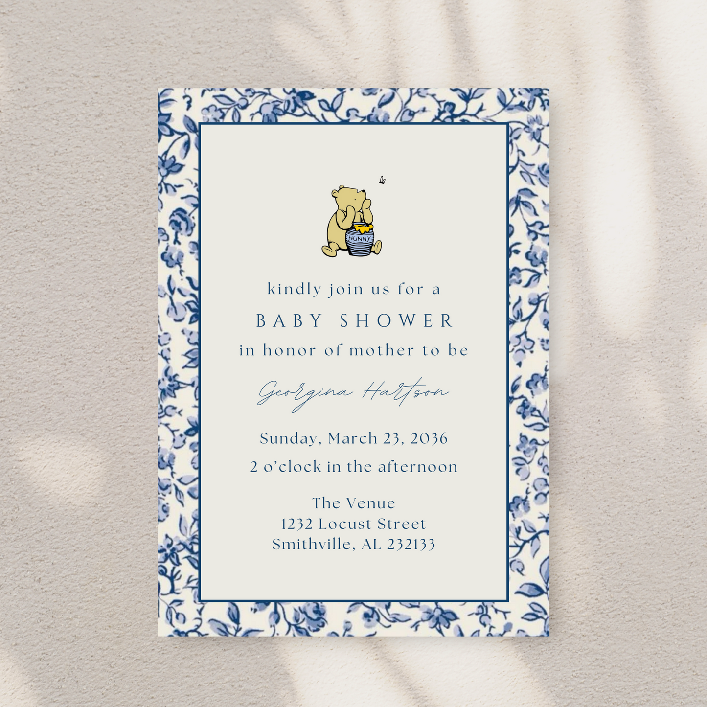 Blue Flower Winnie the Pooh Boy Baby Shower Invitation Template