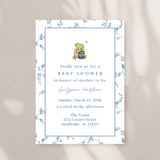 Blue and White Flower Winnie the Pooh Boy Baby Shower Invitation Template