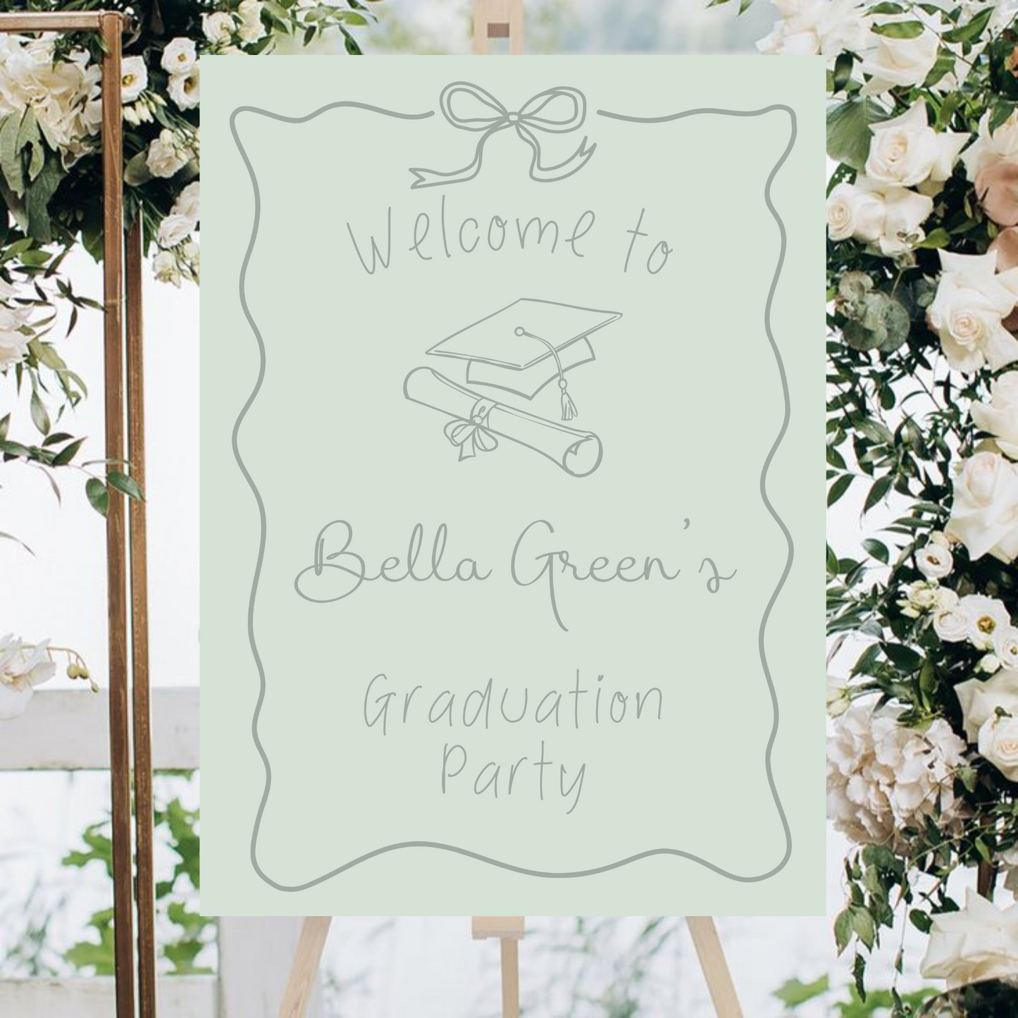 Sage Green Hand Drawn Customizable Graduation Bow Party Welcome Sign