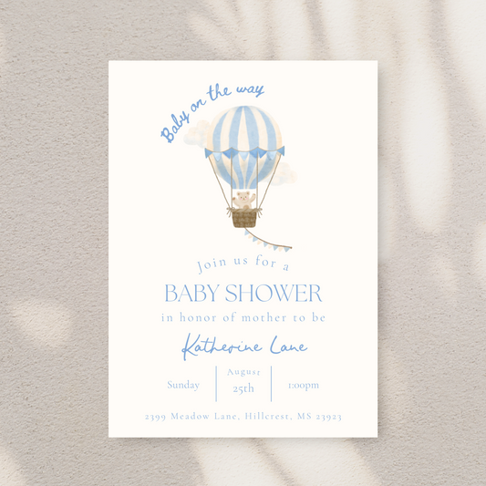 Blue Hot Air Ballon Baby Shower Invitation Template