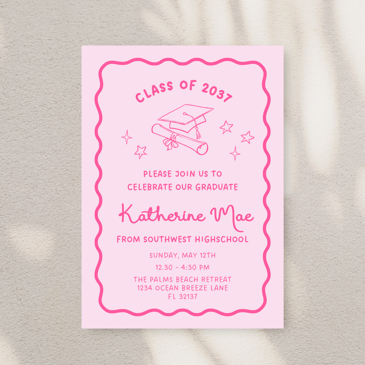 Pink Modern Doodle Graduation Invitation Template