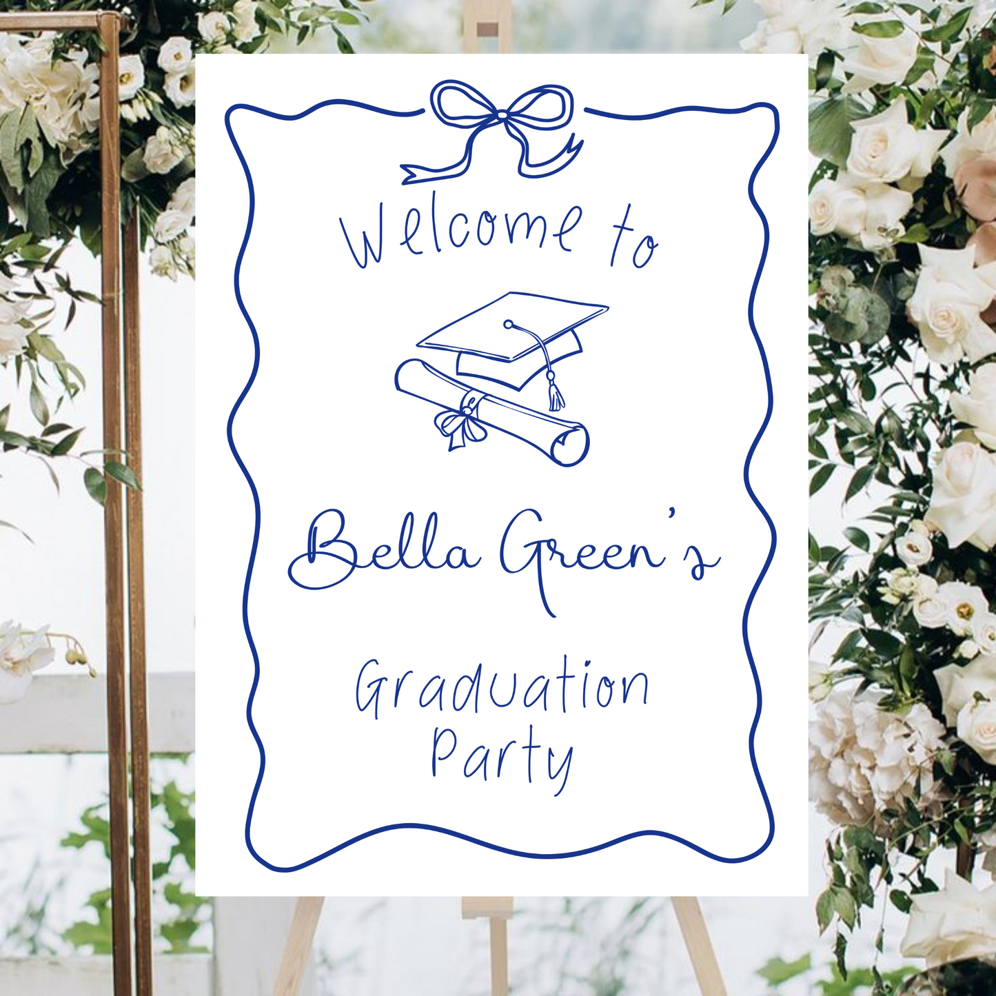 Navy Blue and White Hand Drawn Customizable Graduation Bow Party Welcome Sign Template