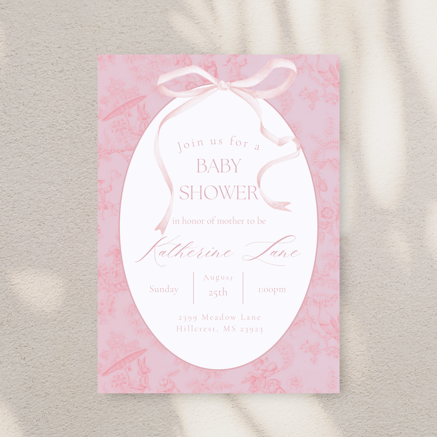 Pink Toile Bow Baby Shower Invitation Template