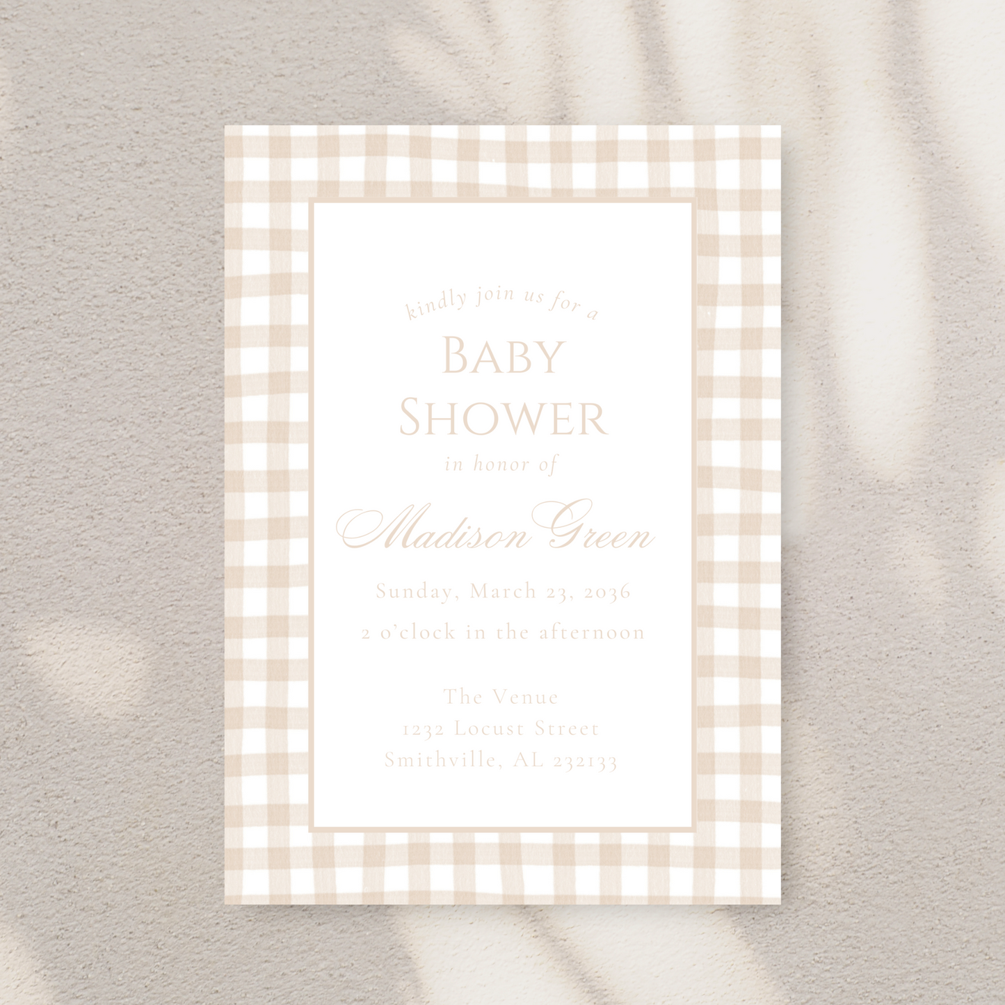 Cream Gingham Baby Shower Invitation Template