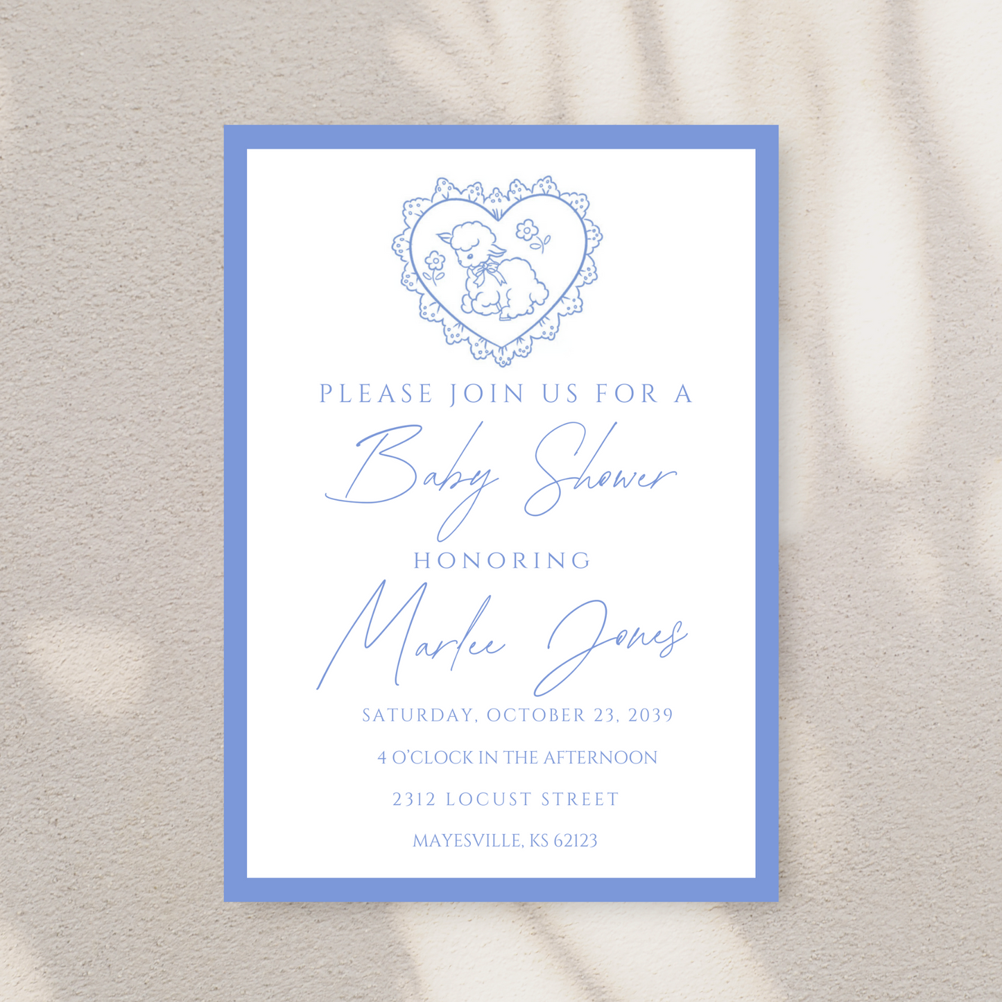 Little Lamb Blue Baby Shower Invitation Template