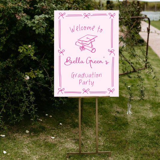 Pink Hand Drawn Customizable Graduation Bow Party Welcome Sign Template