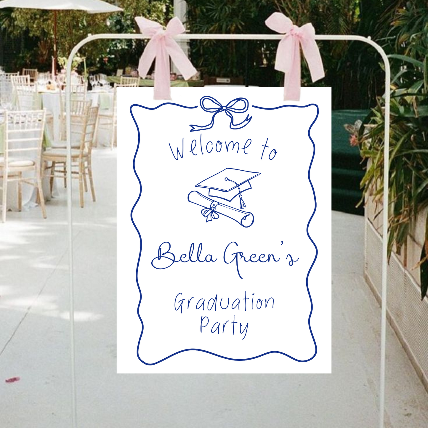 Navy Blue and White Hand Drawn Customizable Graduation Bow Party Welcome Sign Template