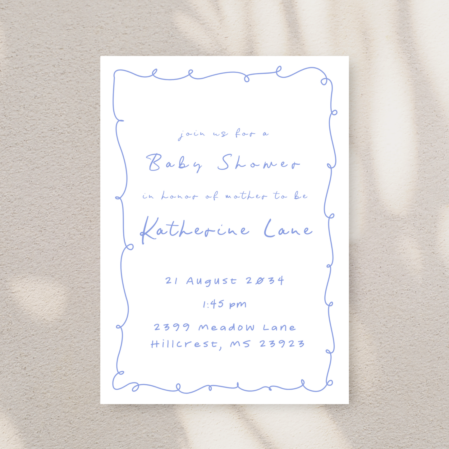 Hand Drawn Squiggle Boarder Blue and White Baby Shower Invitation Template