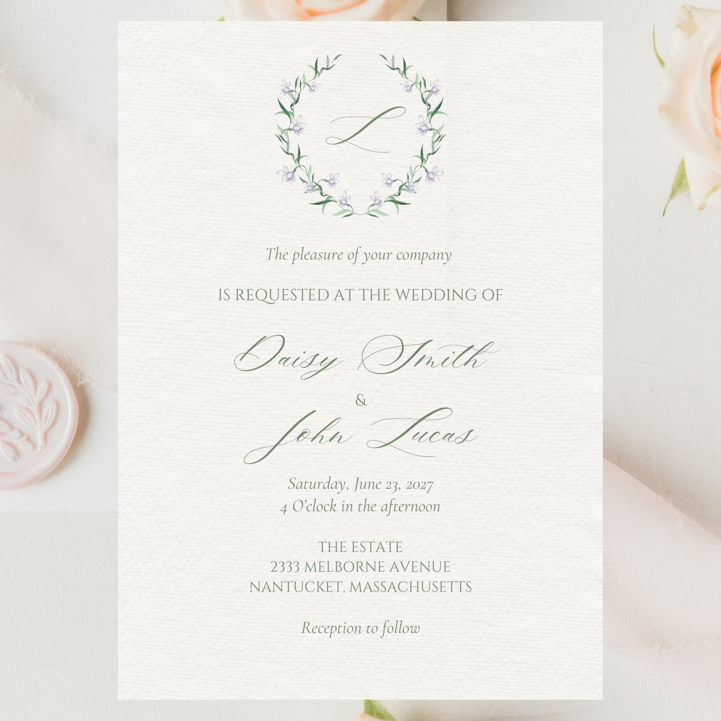 Soft Purple and Green Vine and Floral Minimal Elegant Wedding Invitation Template