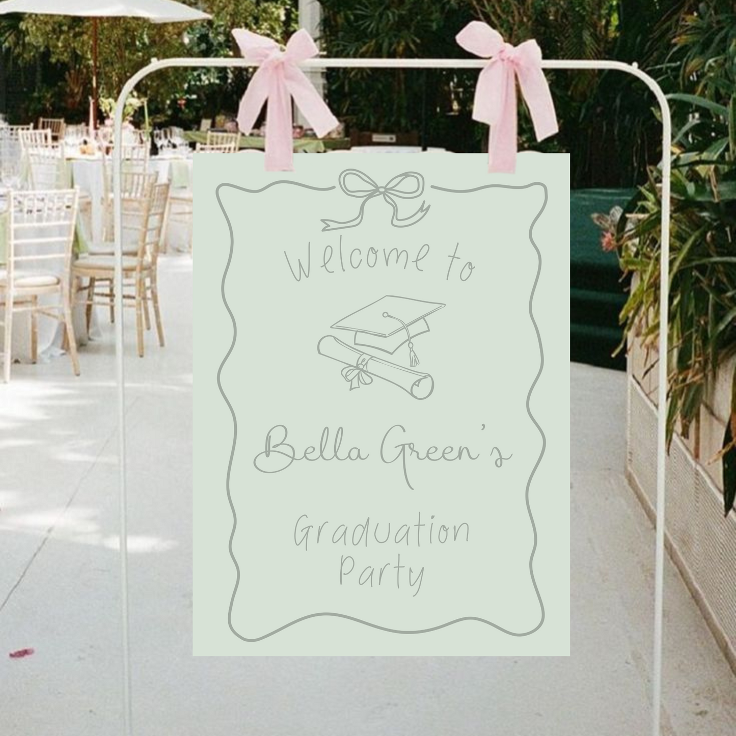 Sage Green Hand Drawn Customizable Graduation Bow Party Welcome Sign